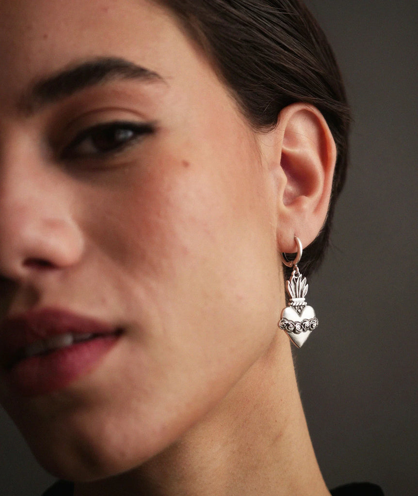Corazon Earrings — silver heart earring on model, detail — MYFASHIONFRUIT
