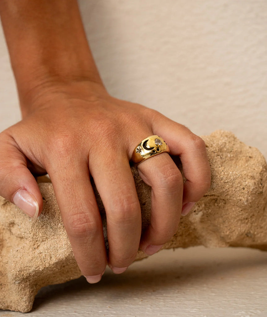 Celestial Ring — Gold ring with moon and stars on model — MYFASHIONFRUIT