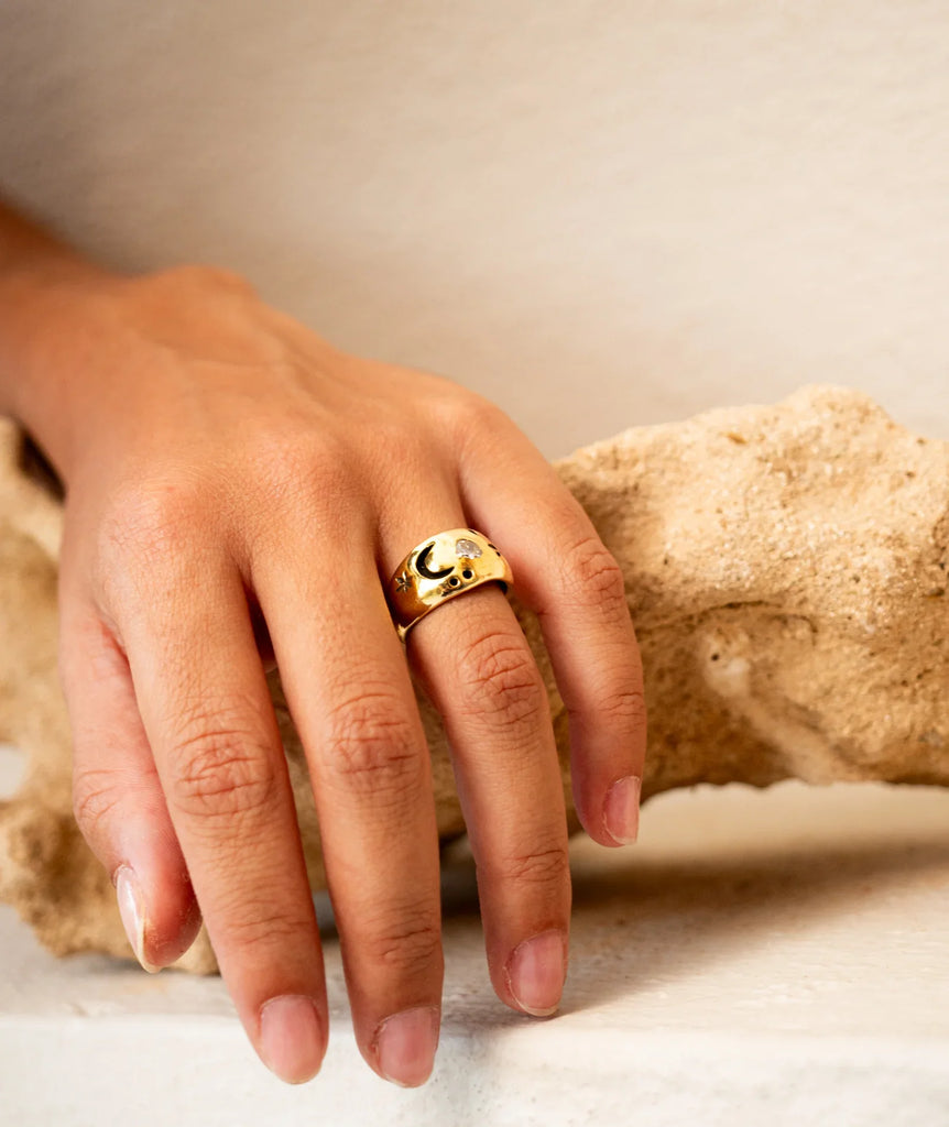 Celestial Ring — gold ring with moon & stars on model — MYFASHIONFRUIT