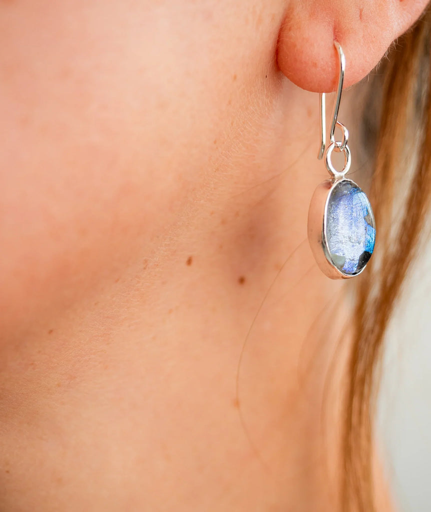 Galene Earrings — Detail of silver drop earring on model — MYFASHIONFRUIT