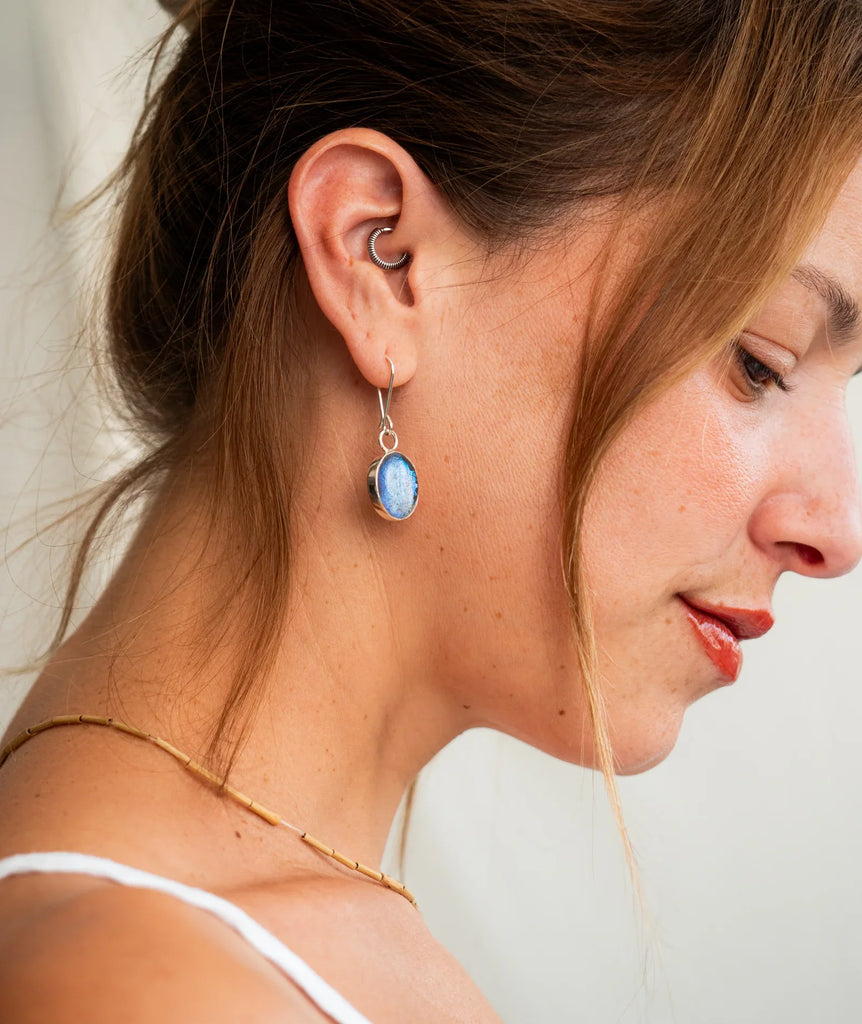 Galene Earrings — Blue stone earrings on model, detail — MYFASHIONFRUIT