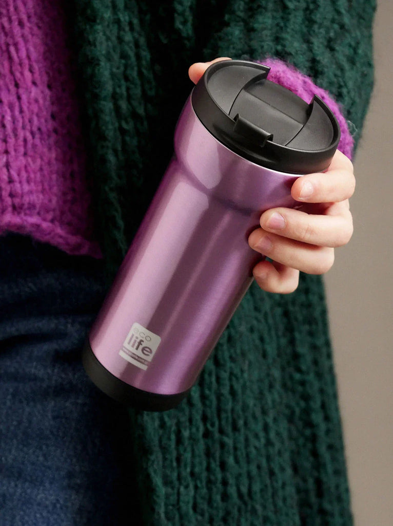 Ecolife Coffee Thermos — Purple steel thermos in hand — MYFASHIONFRUIT