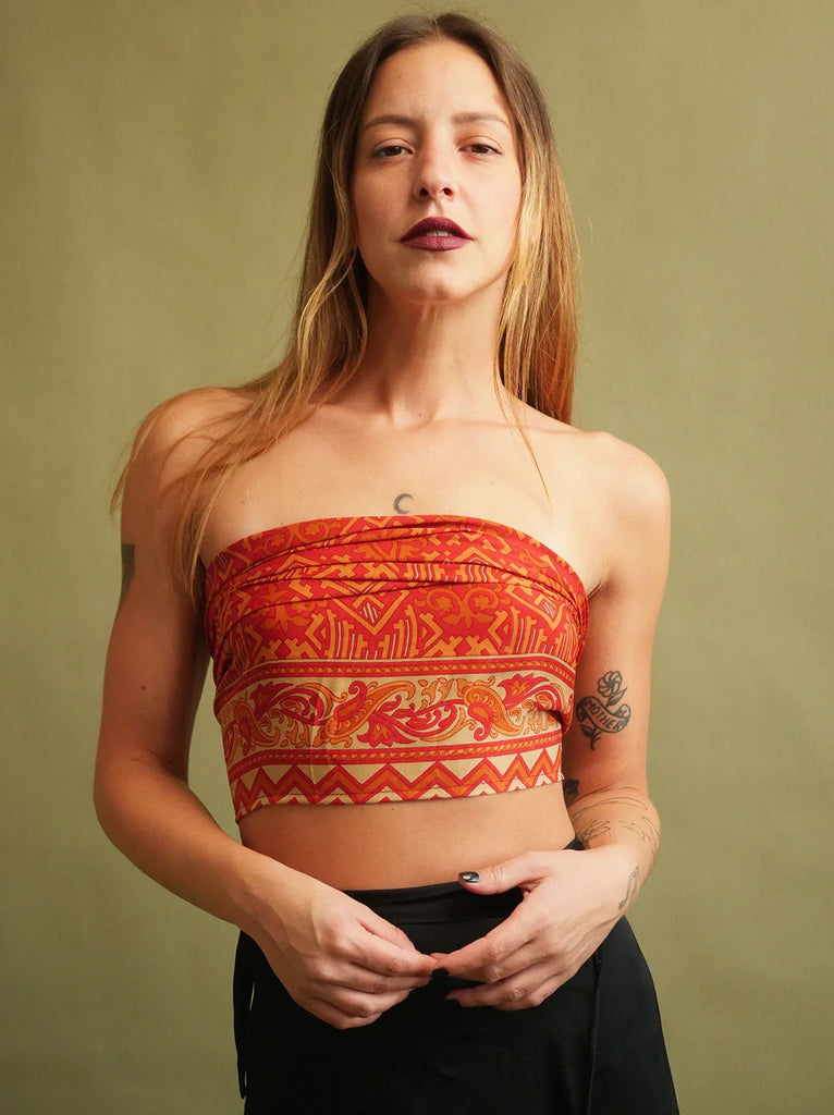 Bijal Silk Scarf - Oranges — on model, orange printed top — MYFASHIONFRUIT