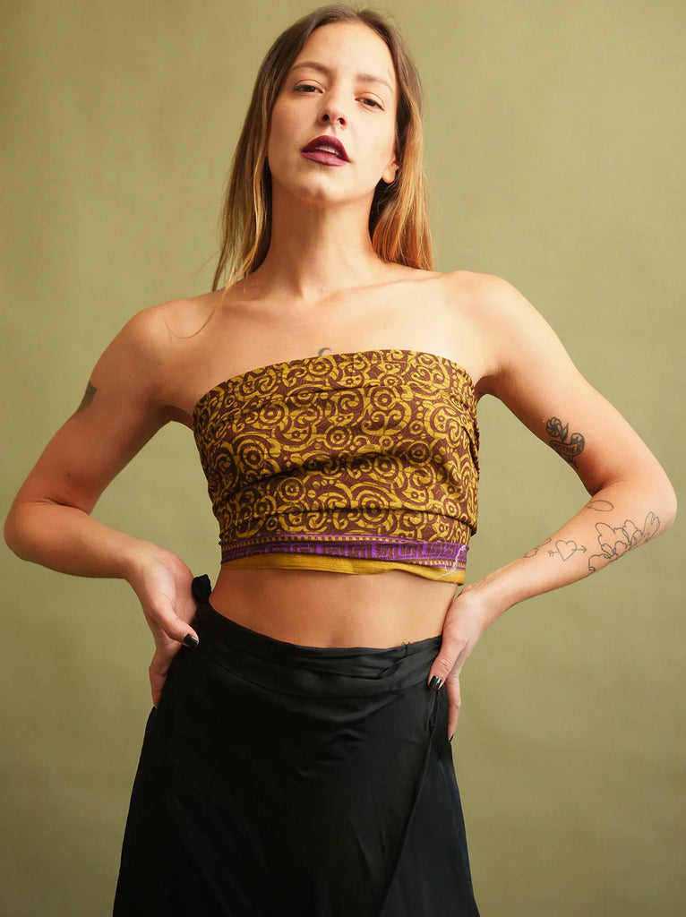 Bijal Silk Scarf — Yellow and brown print on model — MYFASHIONFRUIT