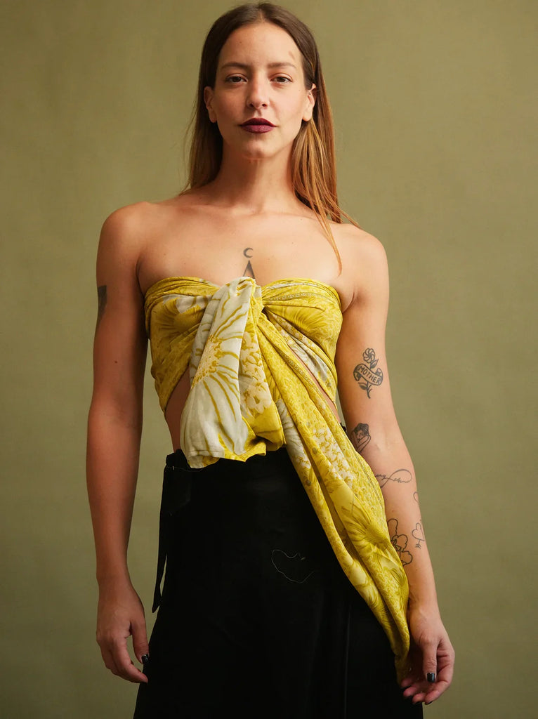 Bijal Silk Scarf - Yellows — Floral print scarf top on model — MYFASHIONFRUIT