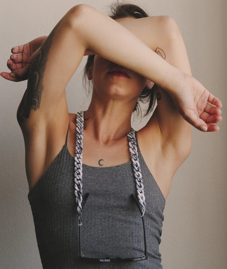 Kimora Sunglasses Holder — Chain on model — MYFASHIONFRUIT