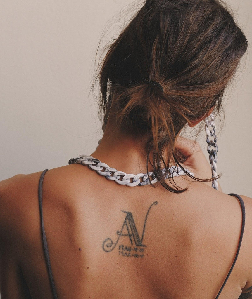 Kimora Sunglasses Holder — Chain detail on model — MYFASHIONFRUIT