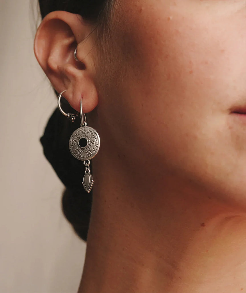 Tribal Earrings — silver earrings on model, detail — MYFASHIONFRUIT
