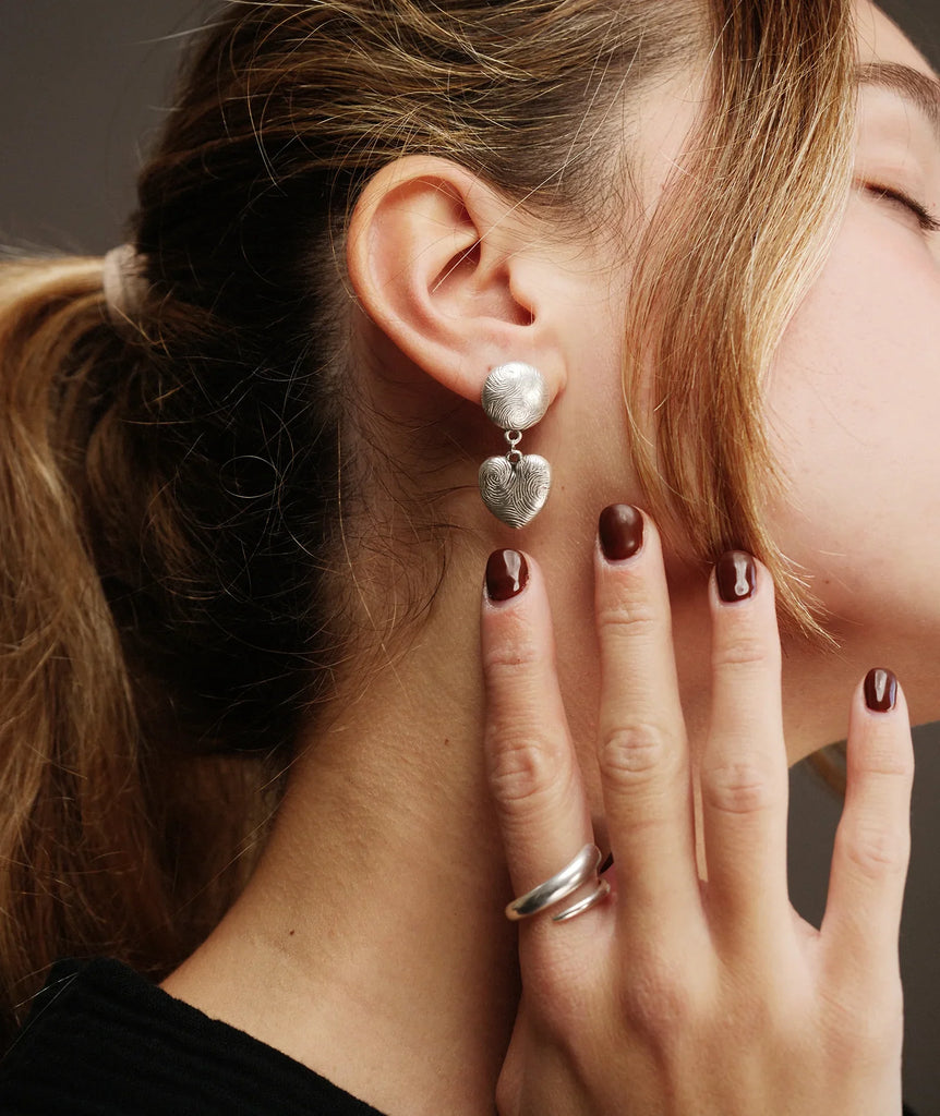 Esme Earrings — Silver heart earrings on model — MYFASHIONFRUIT