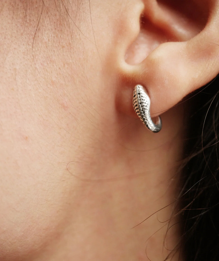 Naga Earrings — Silver snake hoop earring on model — MYFASHIONFRUIT