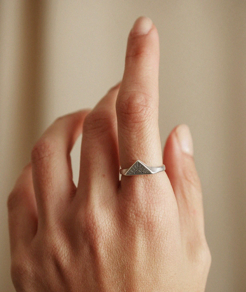 Surya Triangle Ring — Silver ring on finger, detail — MYFASHIONFRUIT