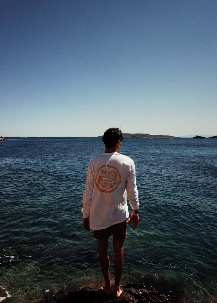 Mff Barefoot Unisex Longsleeve — White tee with design on model — MYFASHIONFRUIT