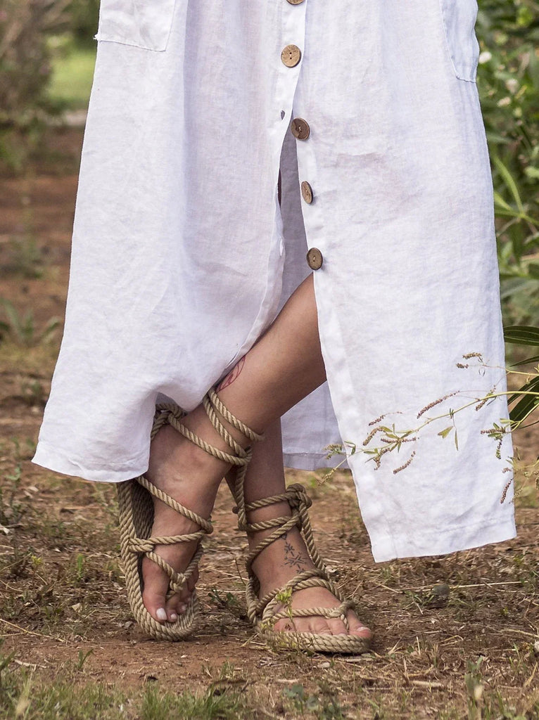 Romano Camel Sandals — Detail of rope sandals and white linen dress — MYFASHIONFRUIT