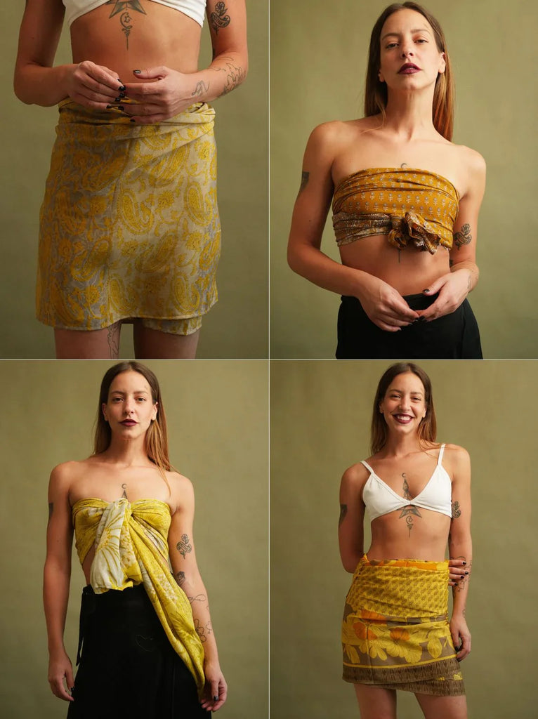 Bijal Silk Scarf - Yellows — scarf in 4 styles on model — MYFASHIONFRUIT