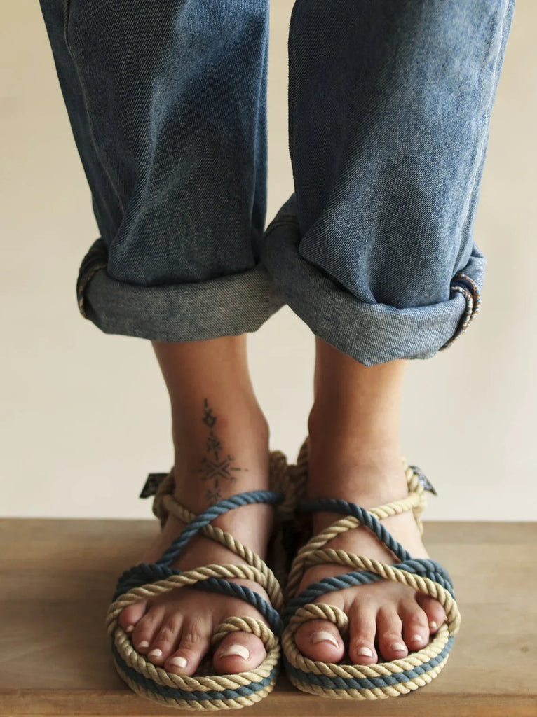 Toe Joe Camel Denim Sandals — Detail of rope sandals on model — MYFASHIONFRUIT