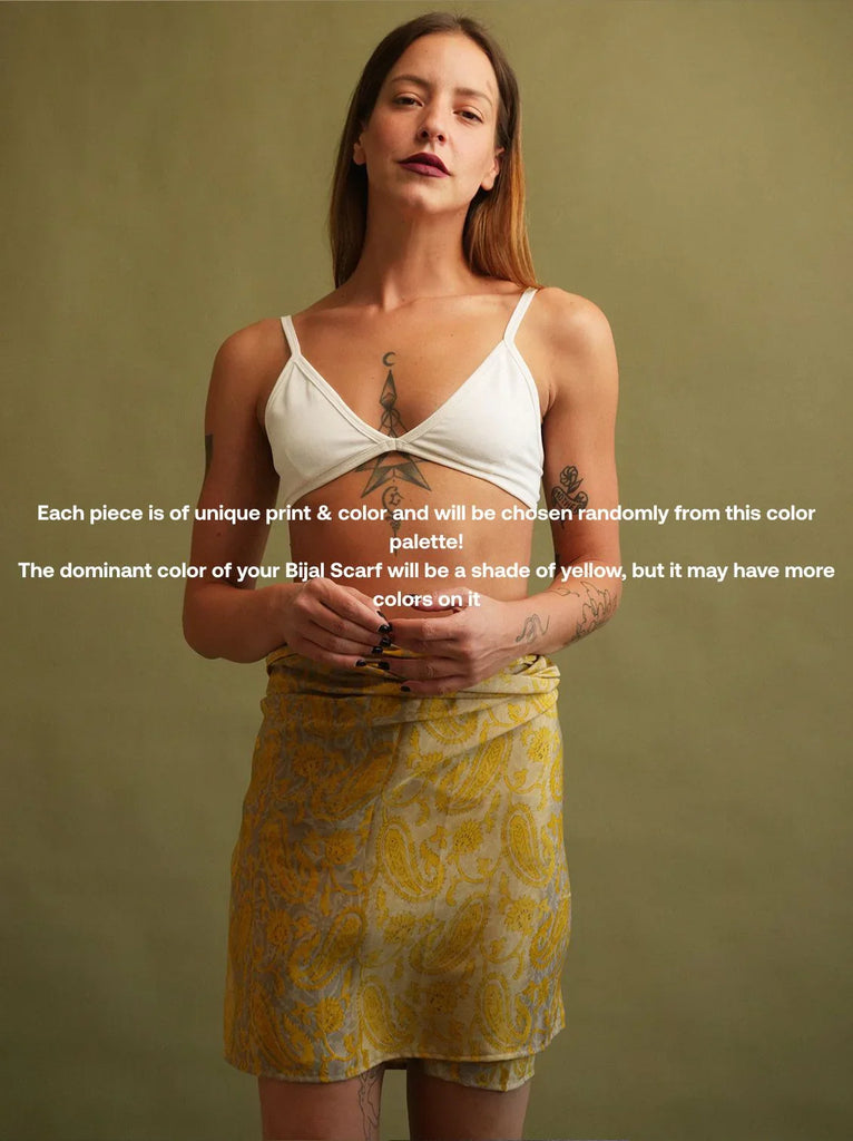 Bijal Silk Scarf - Yellows — on model, paisley print sarong — MYFASHIONFRUIT