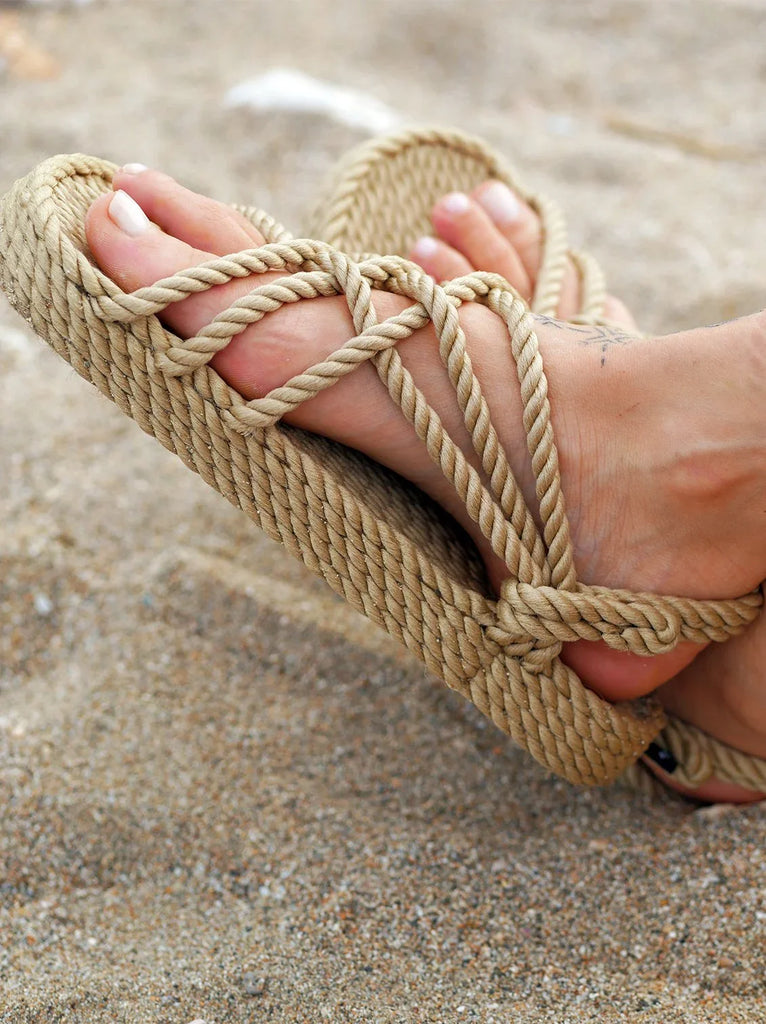 Woman wearing JC Camel Double Decker Sandals on the beach — handcrafted, vegan, super durable rope — MYFASHIONFRUIT