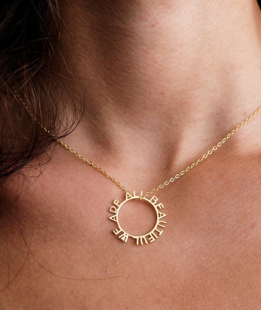 We Are All Beautiful Hoop Pendant — gold lettering — MYFASHIONFRUIT