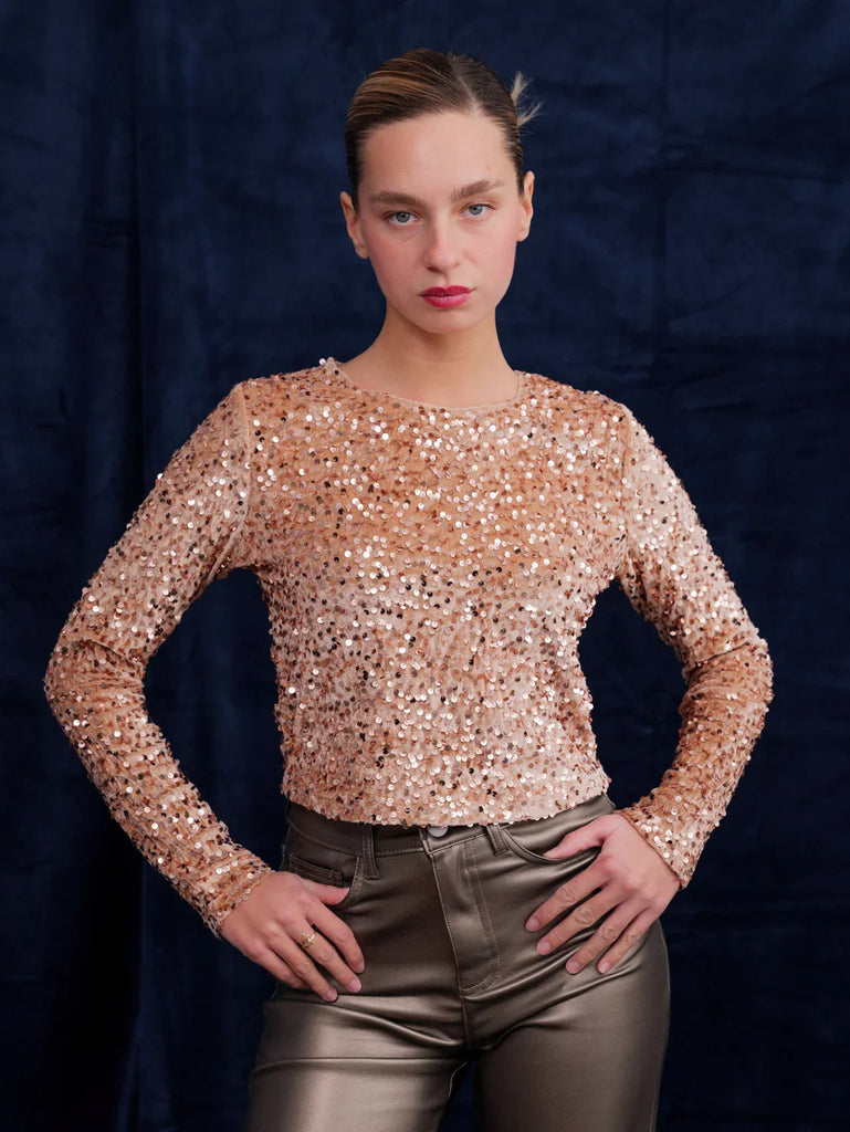 Senga Top — Rose gold sequin top on model — MYFASHIONFRUIT