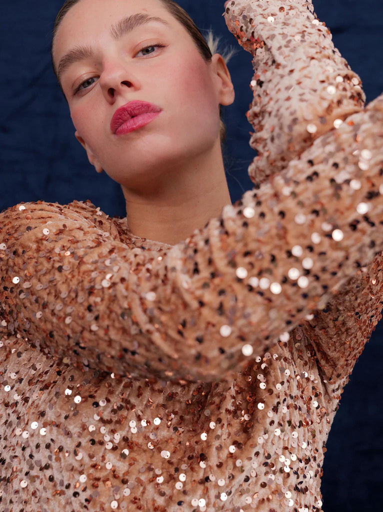 Senga Top — Detail of sequin-covered top on model — MYFASHIONFRUIT