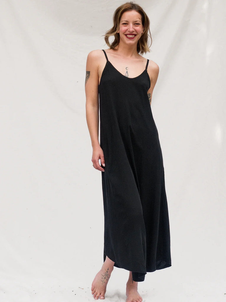Granadas Dress — Black maxi slip dress on model — MYFASHIONFRUIT