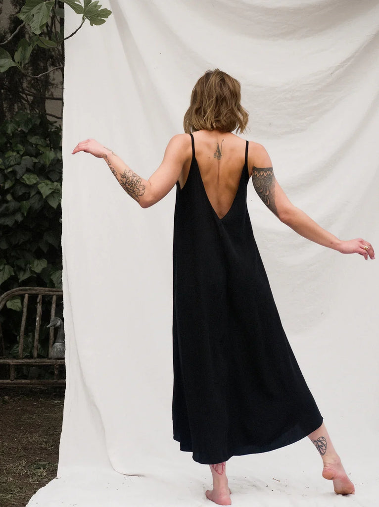 Granadas Dress — Black slip dress with low back, on model — MYFASHIONFRUIT