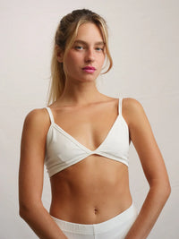 Woman wearing a white cotton Fierce Bralette with triangle cups — MYFASHIONFRUIT