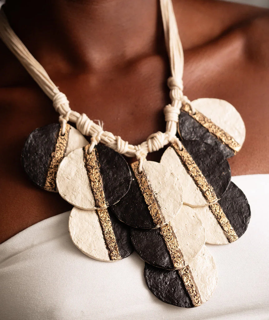 Ceres Necklace detail — paper mache pendant with gold detail, on model — MYFASHIONFRUIT