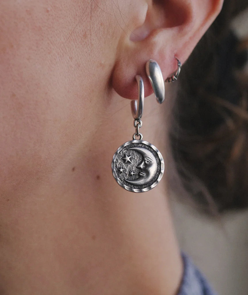 Shiva & Shakti Hoops — Silver moon and stars on ear — MYFASHIONFRUIT