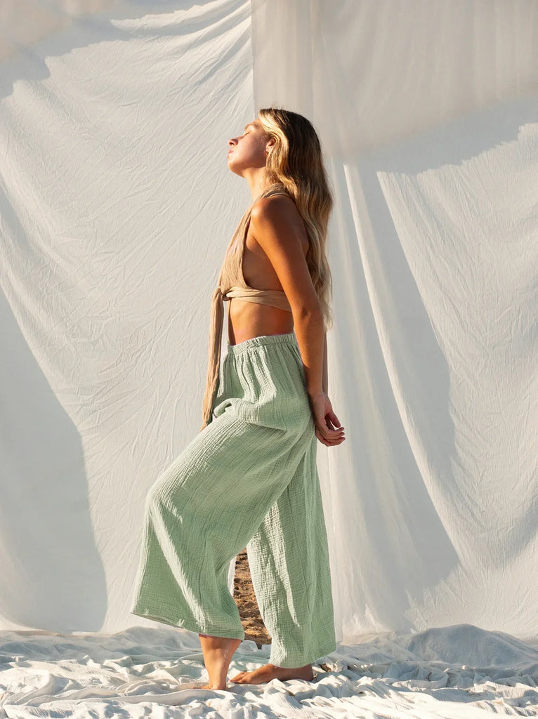 Tender Earth Pants — Mint muslin pants on model — MYFASHIONFRUIT