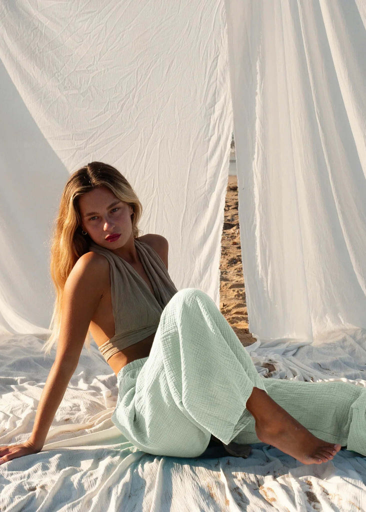 Tender Earth Pants — Mint muslin pants on model — MYFASHIONFRUIT