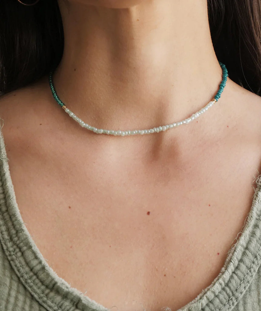 Gabby Necklace — Teal and white beaded necklace on model — MYFASHIONFRUIT