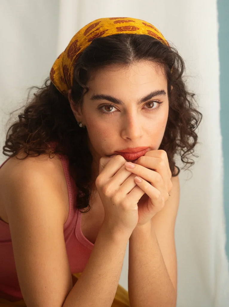 Woman wearing a yellow Silk & Colorful Scarf with brown print — MYFASHIONFRUIT