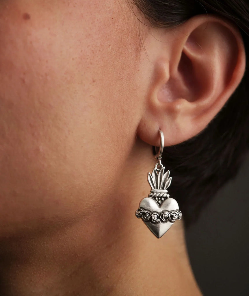 Corazon Earrings — silver tone textured sacred heart detail on model — MYFASHIONFRUIT