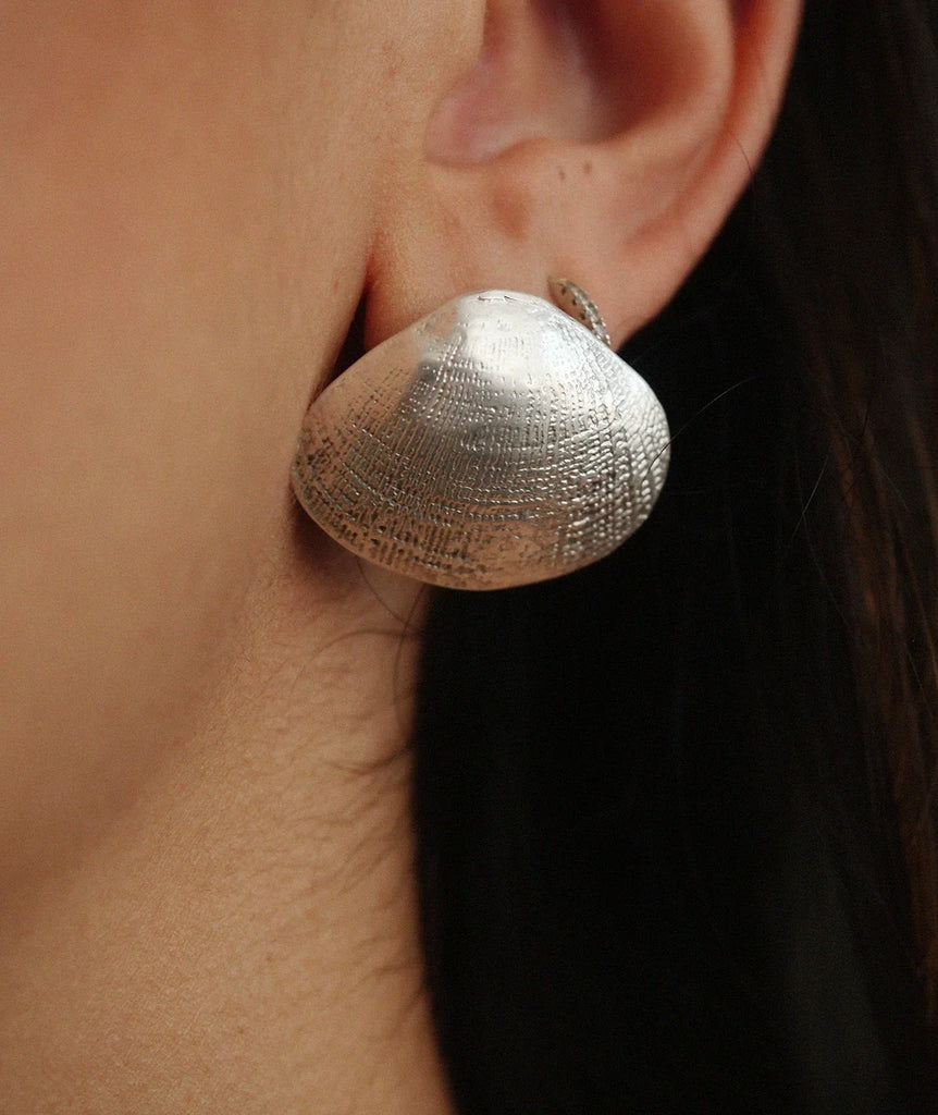 Clam Shell Earrings — silver sculptural seashell design — MYFASHIONFRUIT