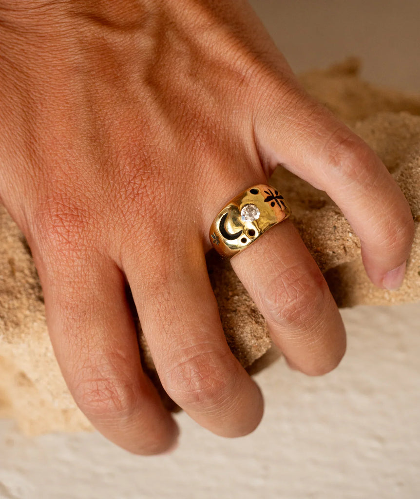 Celestial Ring — Gold ring with moon & star detail on finger — MYFASHIONFRUIT