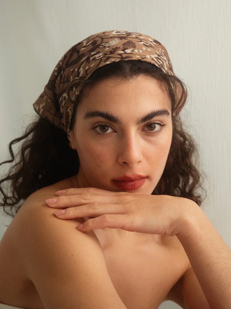 Woman wearing brown floral Silk & Colorful Scarf as a hair accessory — MYFASHIONFRUIT