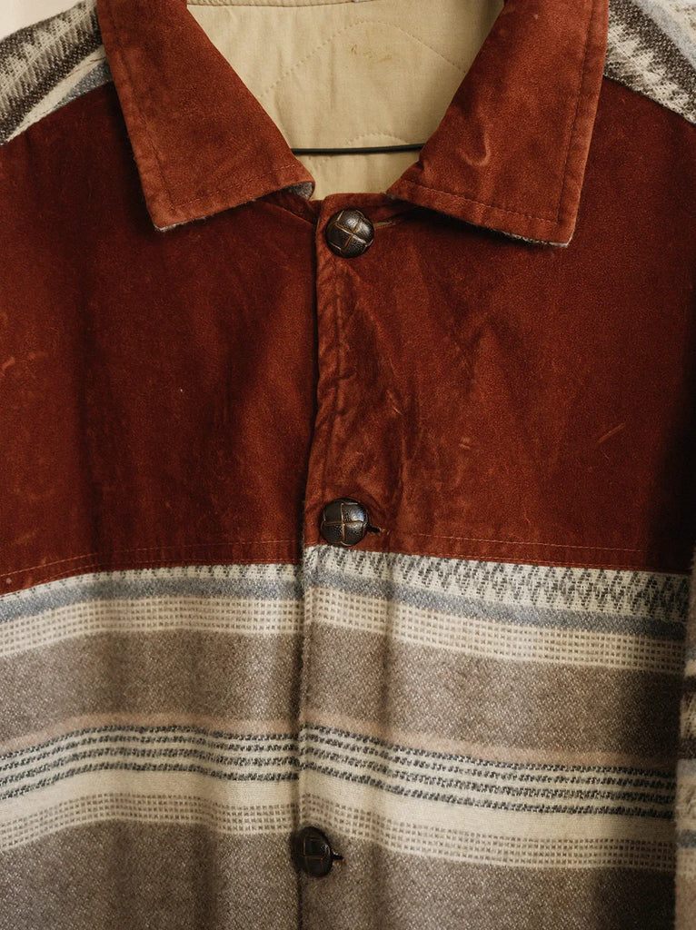 Vintage Wool Jacket — Detail of brown suede & striped wool coat — MYFASHIONFRUIT