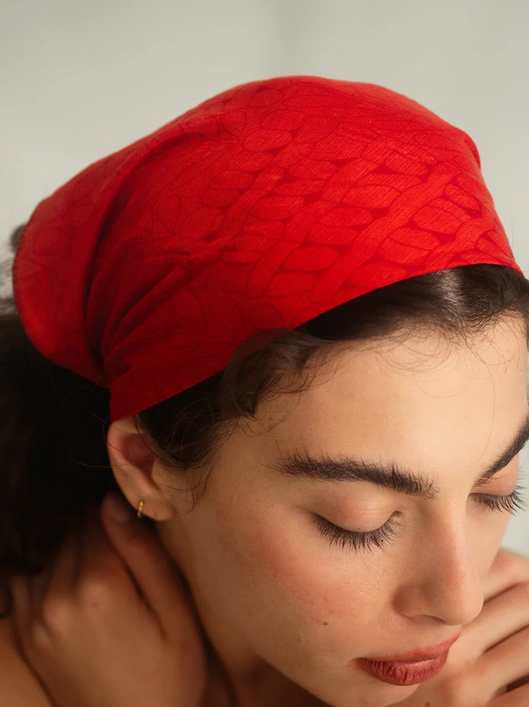 Woman wearing red silk hair scarf — MYFASHIONFRUIT