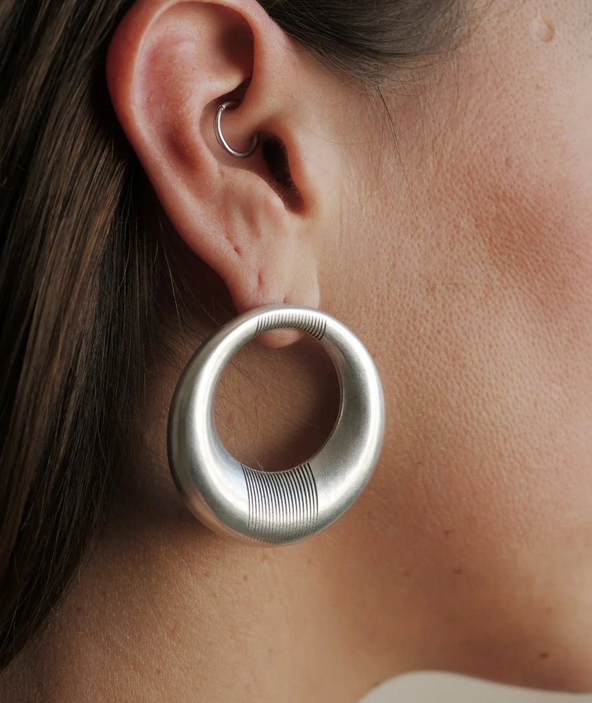 Aziza Hoops — silver tone, oversized hoop with line detail — MYFASHIONFRUIT