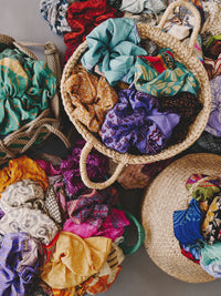 Voluminous Silk Scrunchie — Assorted colors and patterns in woven baskets — MYFASHIONFRUIT