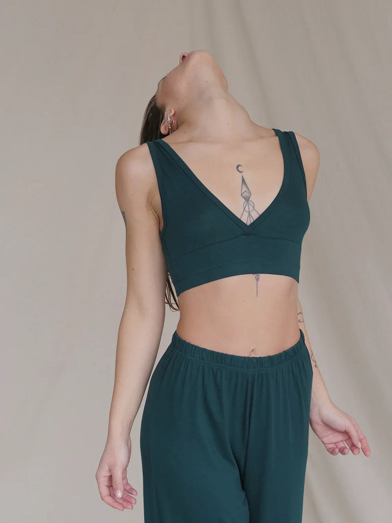 Woman wearing a green Soft Bralette and matching pants — MYFASHIONFRUIT