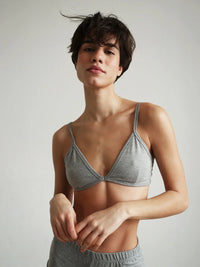 Woman wearing a grey cotton-blend Fierce Bralette with thin straps — MYFASHIONFRUIT