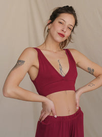 Woman wearing a sour cherry Soft Bralette with V neck and elastic band — MYFASHIONFRUIT