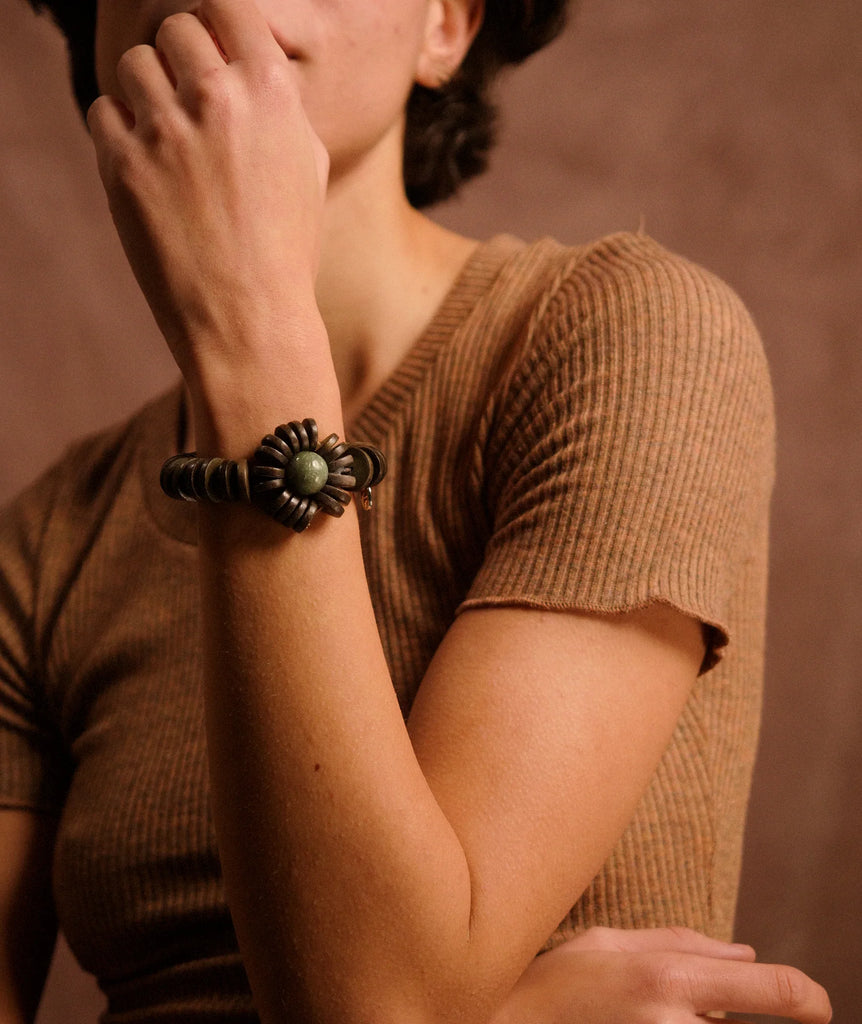 Rolla Bracelet — On model, black flower w/ green stone — MYFASHIONFRUIT