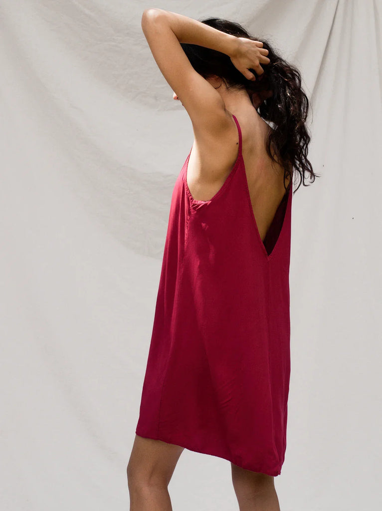 Coladas Dress — Red mini dress on model with low back — MYFASHIONFRUIT
