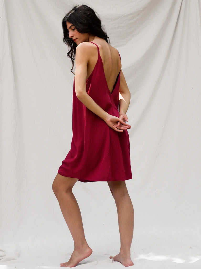 Coladas Dress — Red silk mini dress with low back on model — MYFASHIONFRUIT