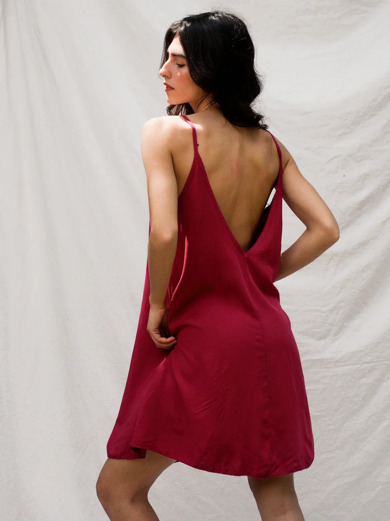 Coladas Dress — Burgundy mini dress with open back on model — MYFASHIONFRUIT