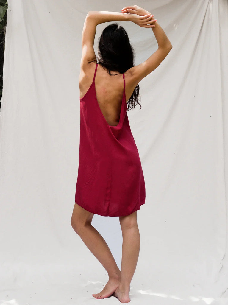 Coladas Dress — Red mini dress with low back on model — MYFASHIONFRUIT