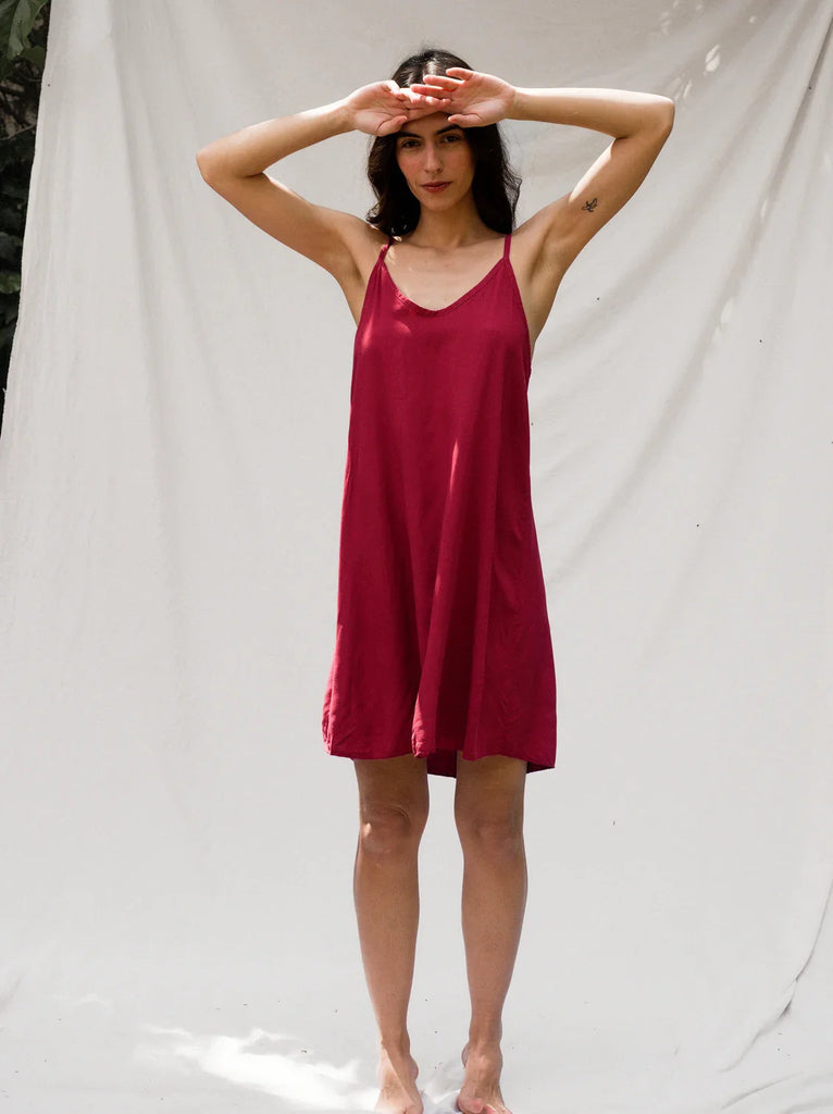 Coladas Dress — Red slip dress on model — MYFASHIONFRUIT